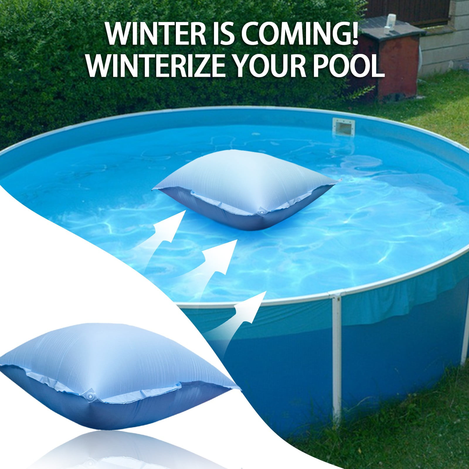 120×120cm Square Winter Pool Pillow for Above Ground Pools, Heavy Duty Cold-Resistant Inflatable Pool Cover Pillow, with 2pcs 3M Ropes for Winter Pool Closing Kit(0.18mm*120cm×120cm)