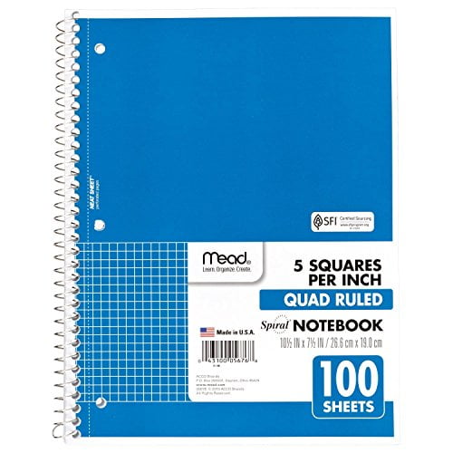 Mead Spiral Notebook, 1 Subject, Quad Ruled, 100 Sheets, Grid Notebook with Engineering Graph Paper, Home Office & Home School Supplies for College Students & K-12, 10-1/2' x 8', Blue (05676
