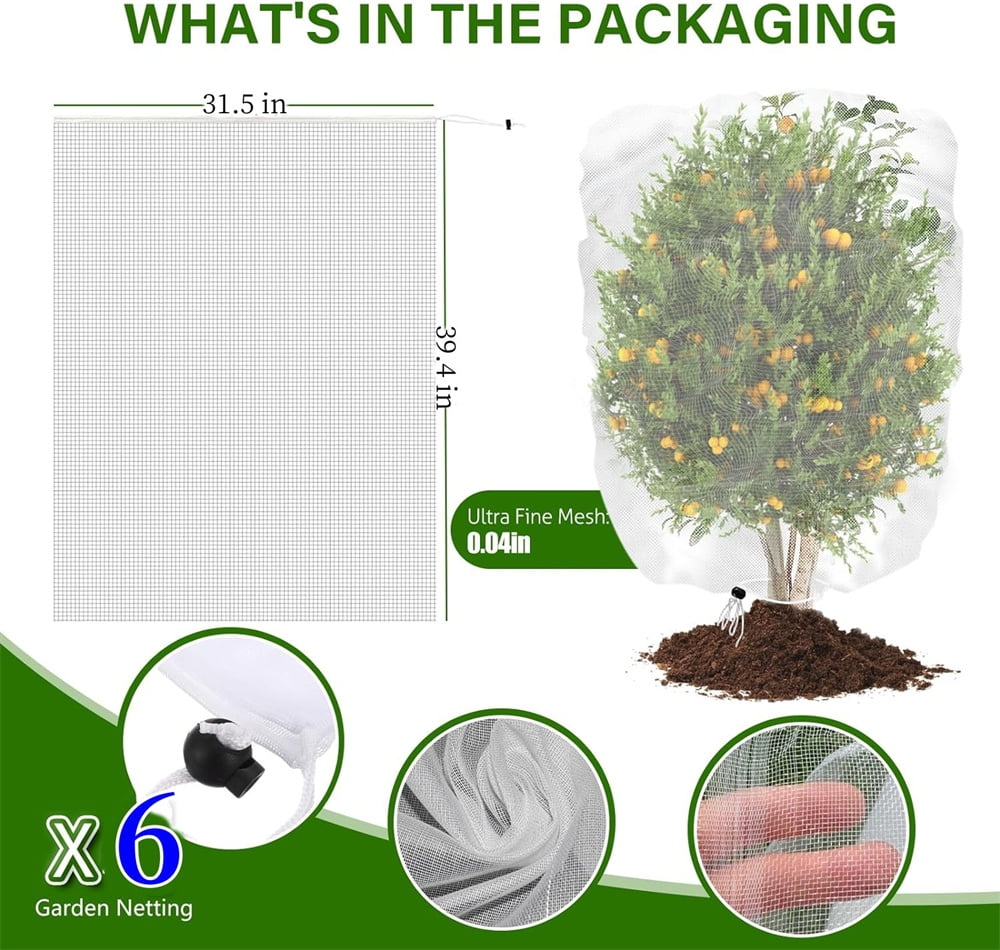 Insect Netting Bag with Drawstring,Garden Plants Protection Netting,6 Pcs Bird Barrier Mesh Covers Bags for Blueberry and Tomato,Topboutique Garden Pest Barrier Netting,3.3 ft White