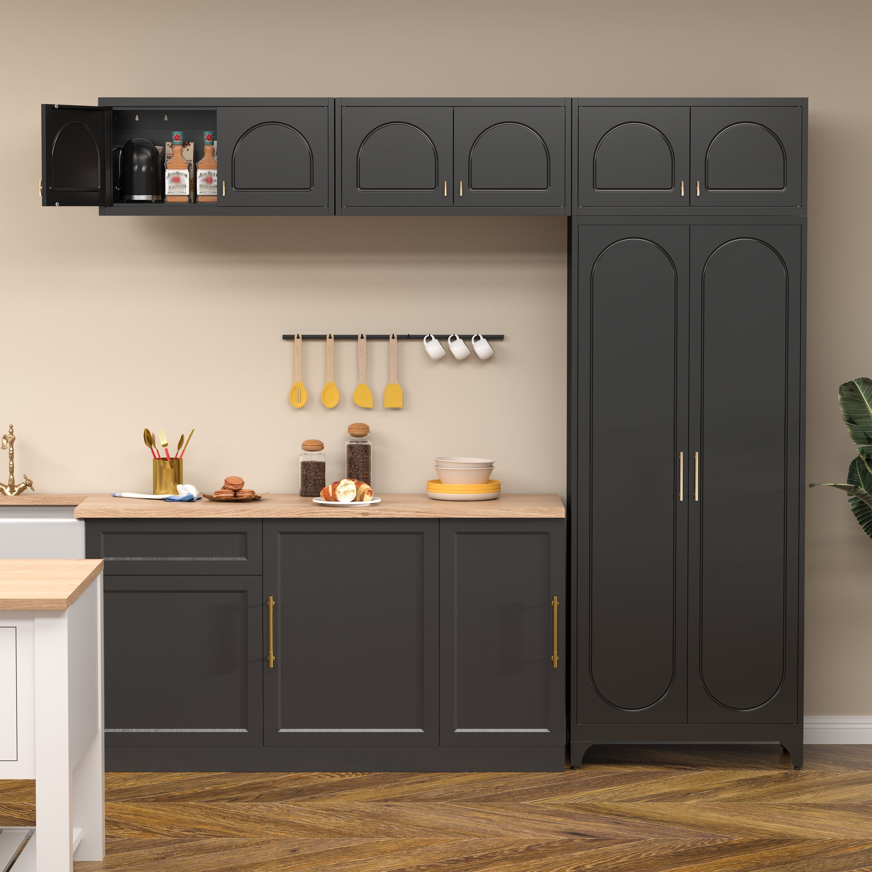 Polup 90" Height Modern Metal Pantry Storage Cabinet with Doors and Adjustable Shelves Black for Living Room Kitchen and Home