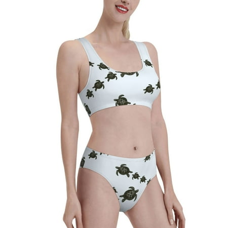 Uemuo Sea Turtle Printed Women s High Waisted Bikini Sets Sporty Two Piece Swimsuits Color Block Cheeky High Cut Bathing Suits-X-Large