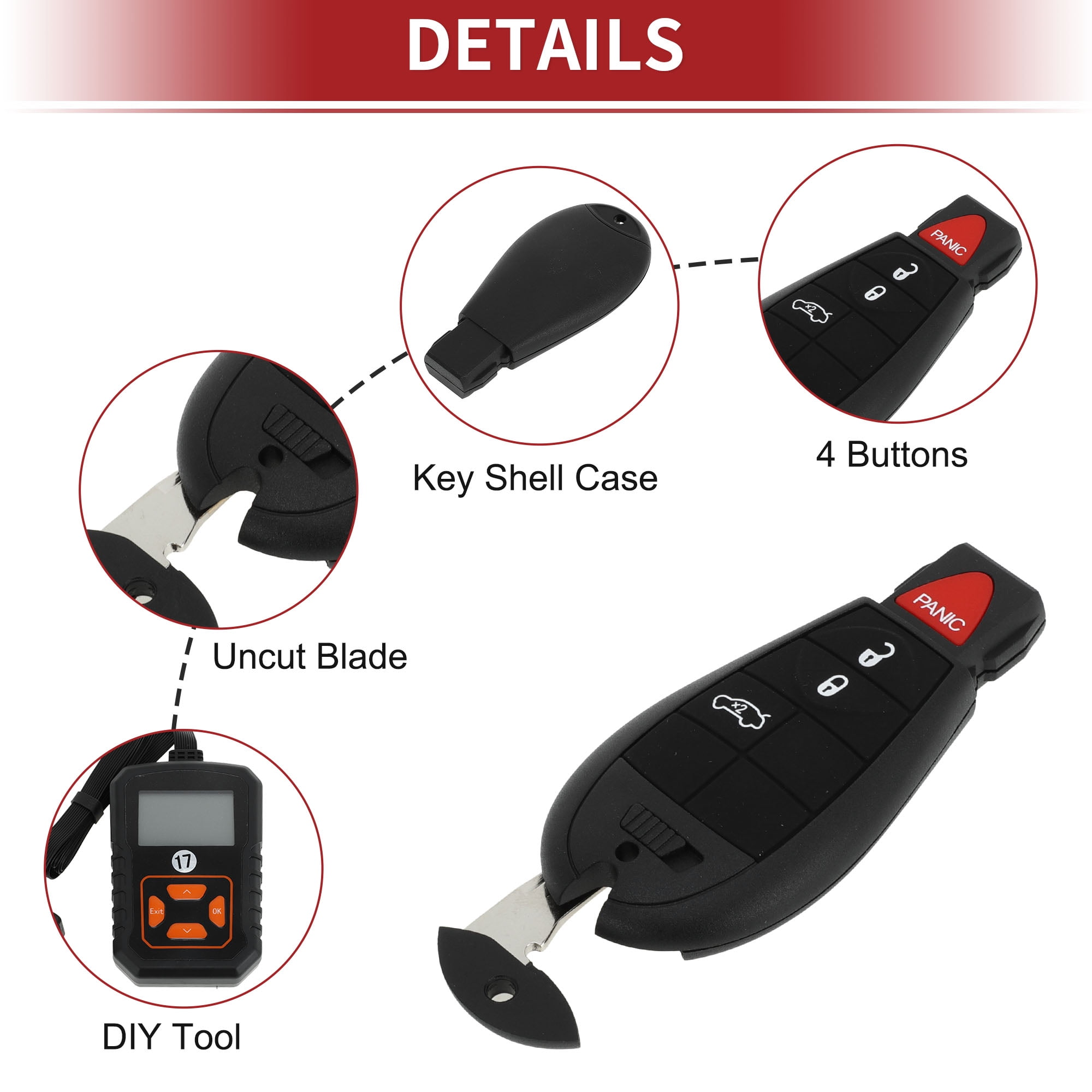 M3N32297100 Keyless Entry Remote Key Fob Kit DIY Tool Replacement Car Key Kit 4 Button for Dodge Dart 2013-2016