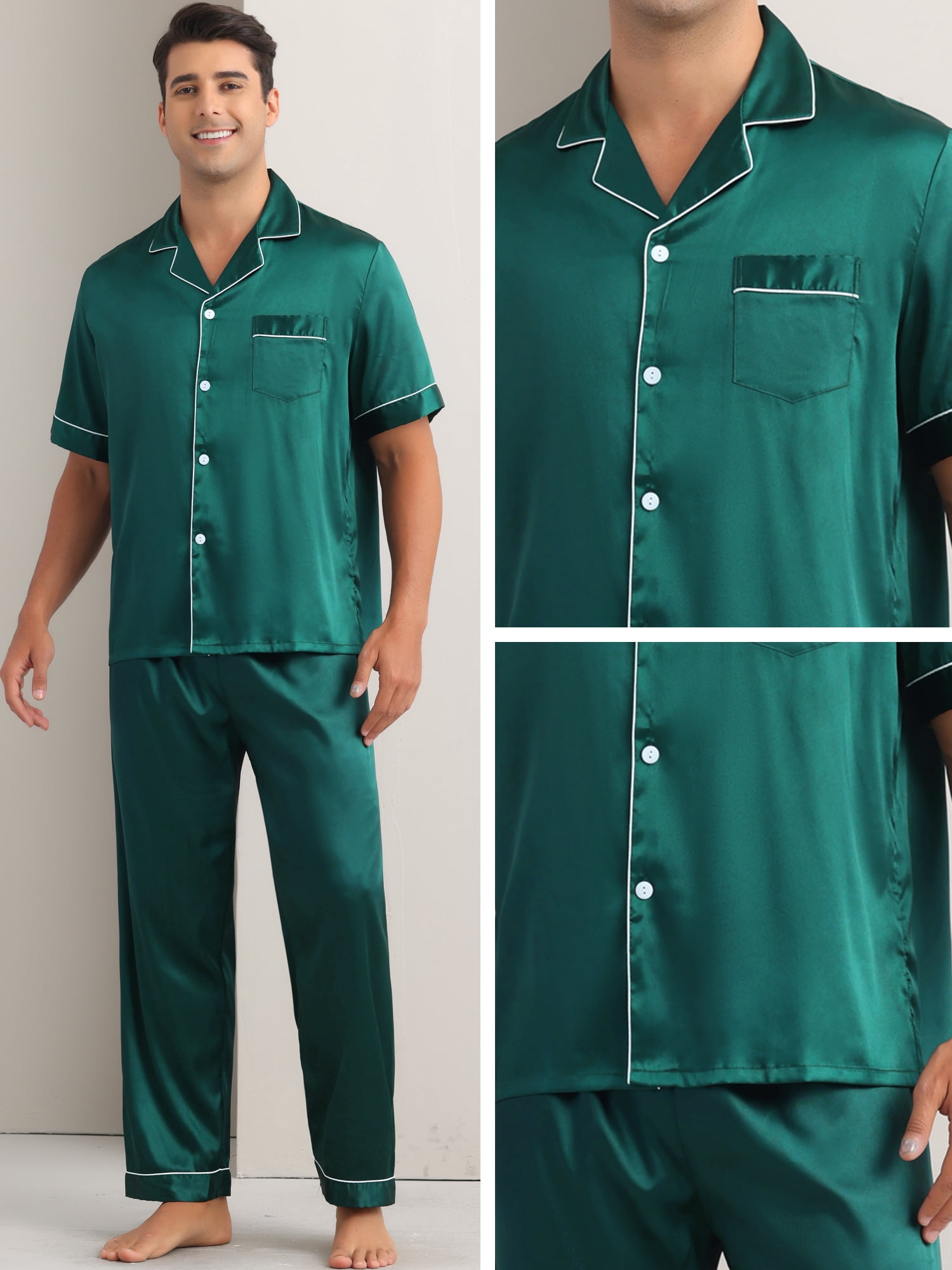 DARING DIVA Men's 2-Piece Pajama Set Button Down Short Sleeve Shirt Pants L Dark Green