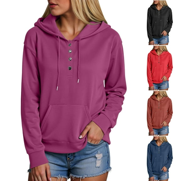 idosla Plus Size Hooded Tops for Women Long Sleeve Button Collar Drawstring Hoodies Pullover Sweatshirts with Pockets (Red, XL)