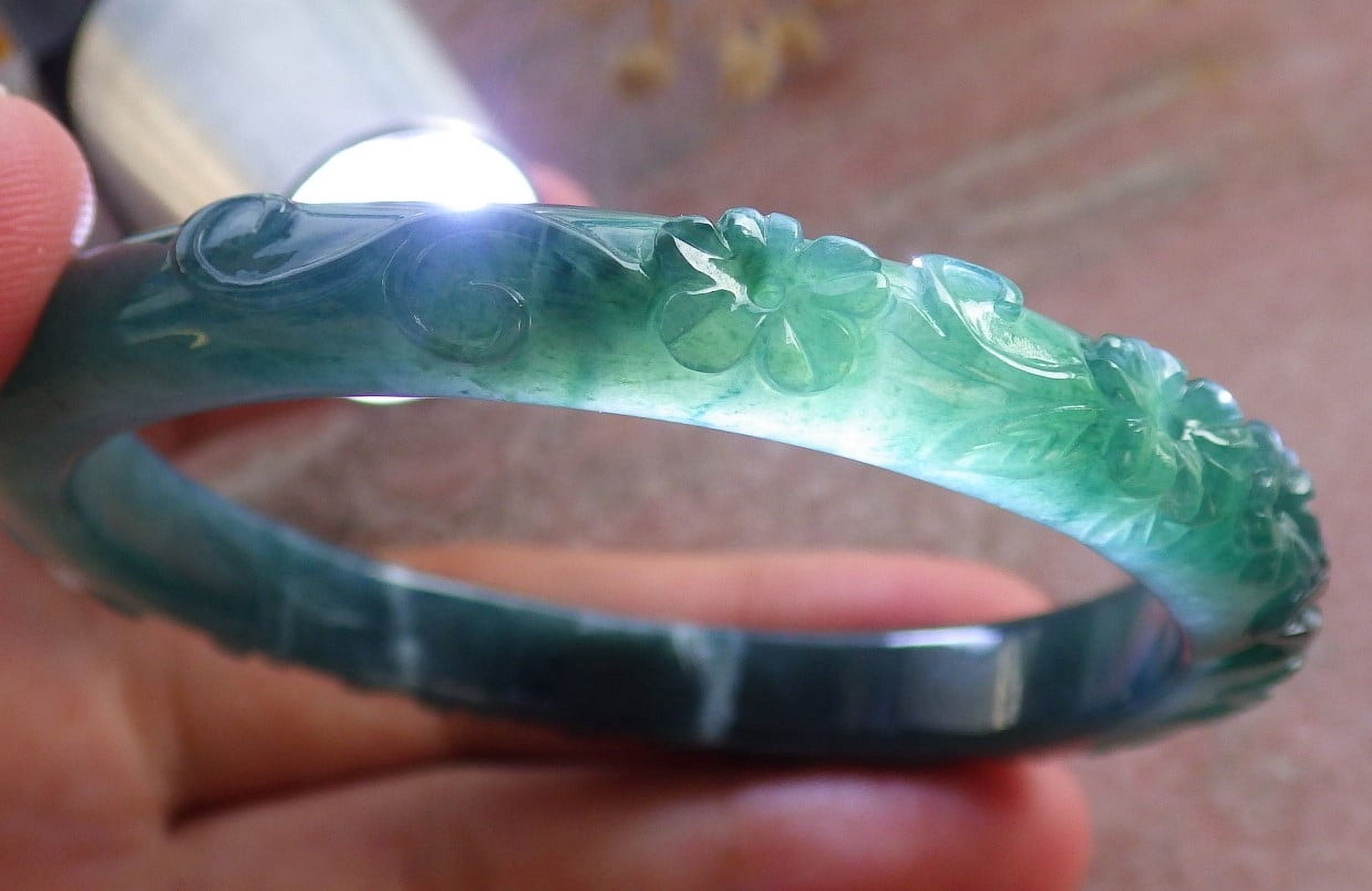 Icy Green Natural A JADE Jadeite Flower Bangle Bracelet 58 mm 683687 TN