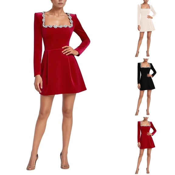 CAIXIA Women's Elegant Crystal Square Collar Long Sleeve Velvet Mini Dress A-line Ruffle Party Evening Dresses with Pockets,Red