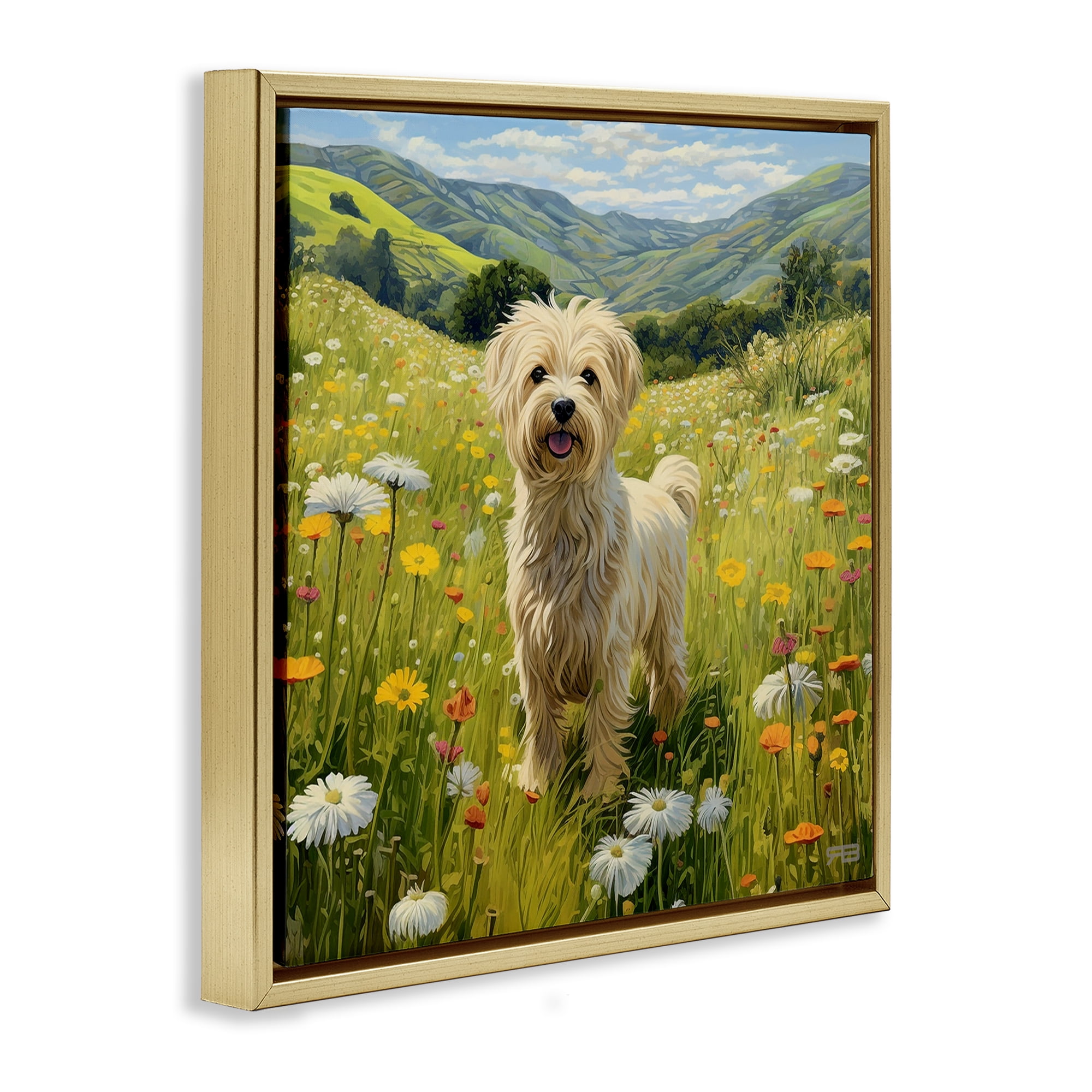 Stupell Industries Terrier Dog Rural Meadow Landscape Painting Gold Floater Framed Canvas Art Print Wall Art, 18 x 18