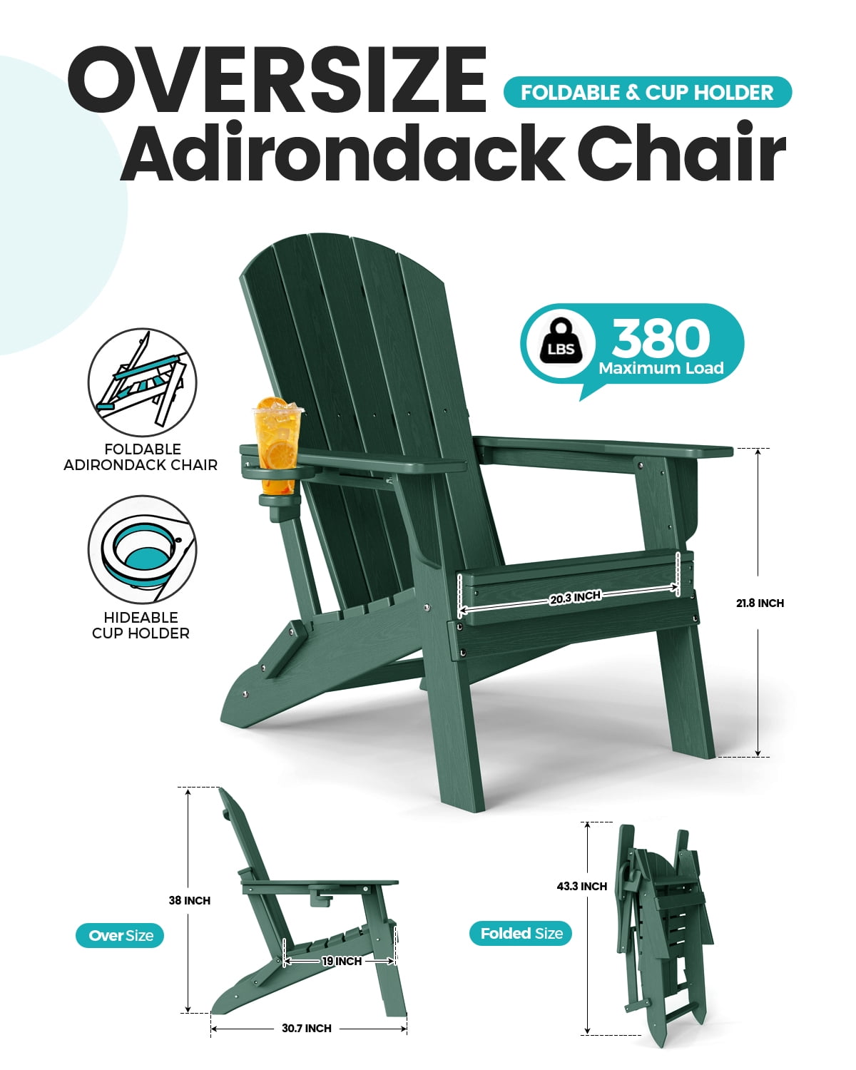 Cobiod Folding Adirondack Chair with Cup Holder, HDPE All-Weather Outdoor Patio Chair, Ergonomic Wood Grain Design for Backyard, Green
