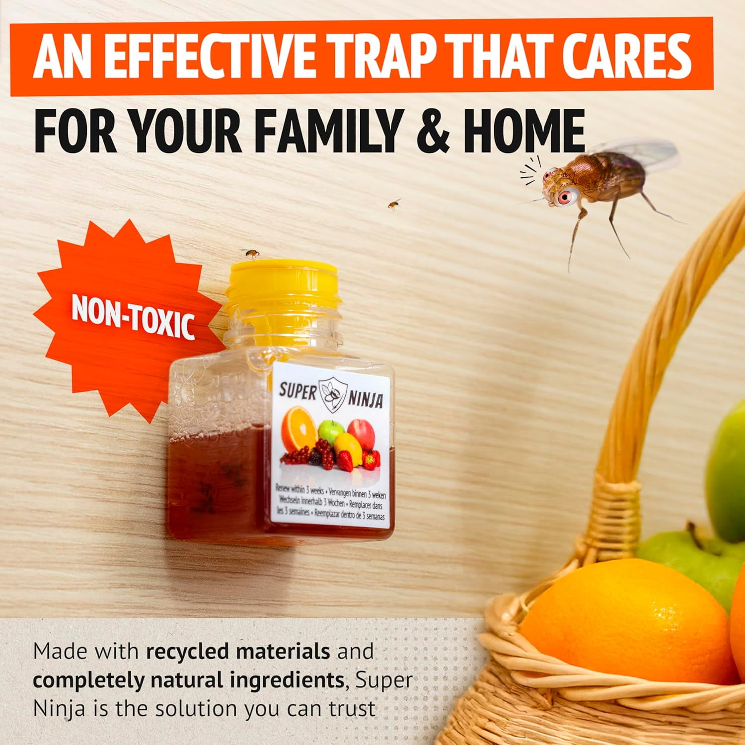 Super Ninja Fruit Fly Trap, 4 Traps, Indoor Ecological Fly Killer