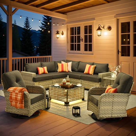 XIZZI 9-Piece Outdoor Patio Sectional Furniture Sets, Wicker Patio furniture with Coffee Table and Swivel Chairs, Rattan Outdoor Conversation Set for Balcony, Porch, Backyard, Black