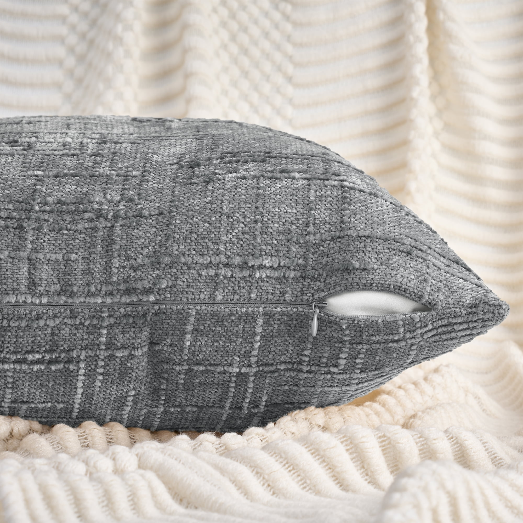 Unique Bargains Decorative Chenille Throw Pillow Covers Pack of 2 Grey 18" x 18"