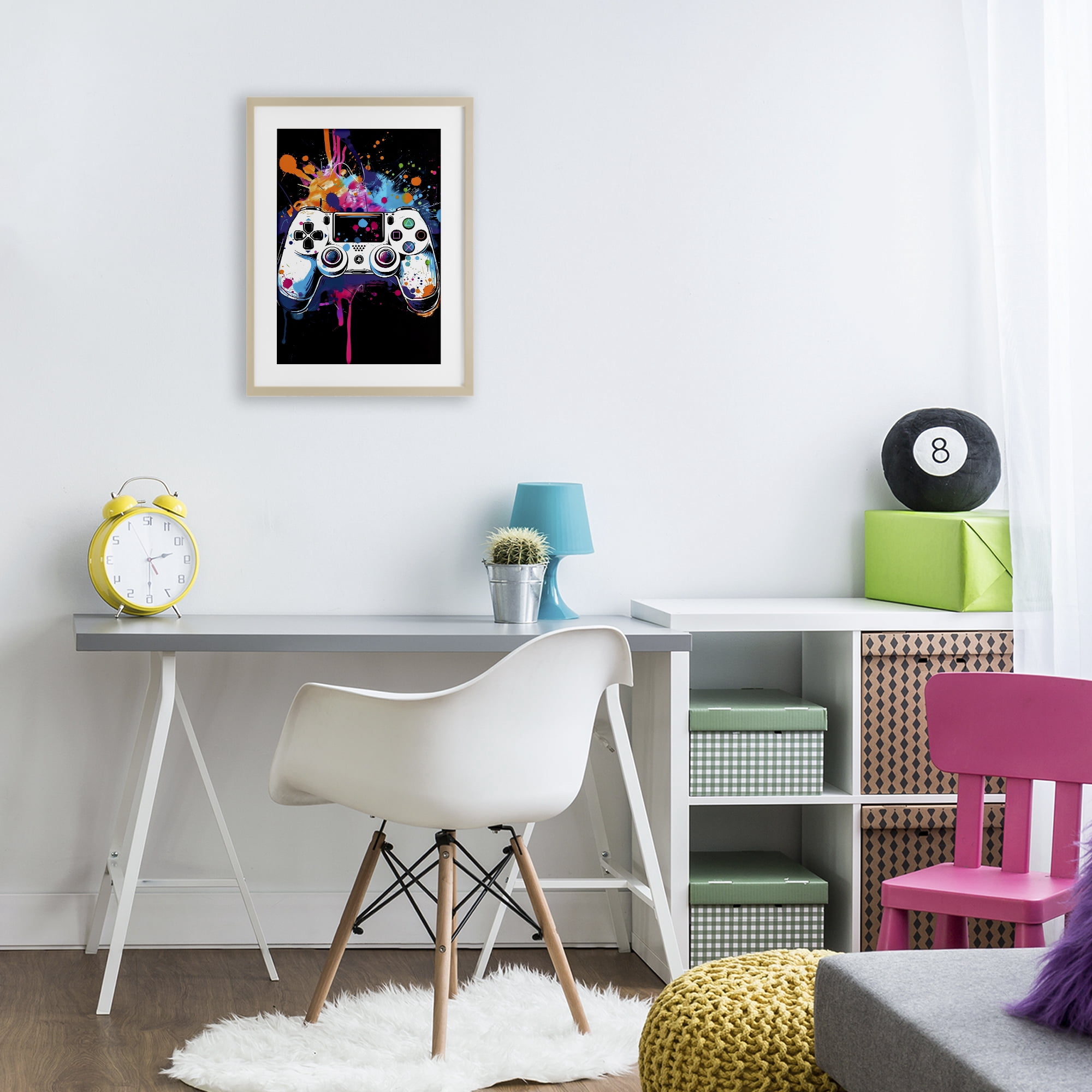 Stupell Industries Controller Contrast with Neon Splatter Birch Framed Print Under Glass, design by Creative Studio