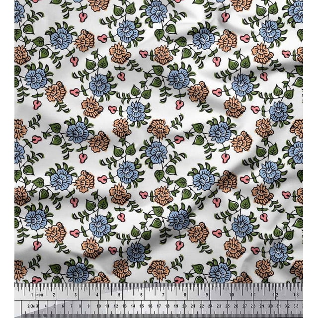 Soimoi Poly Georgette Fabric Leaves & Floral Block Print Fabric by The Yard 42 Inch Wide