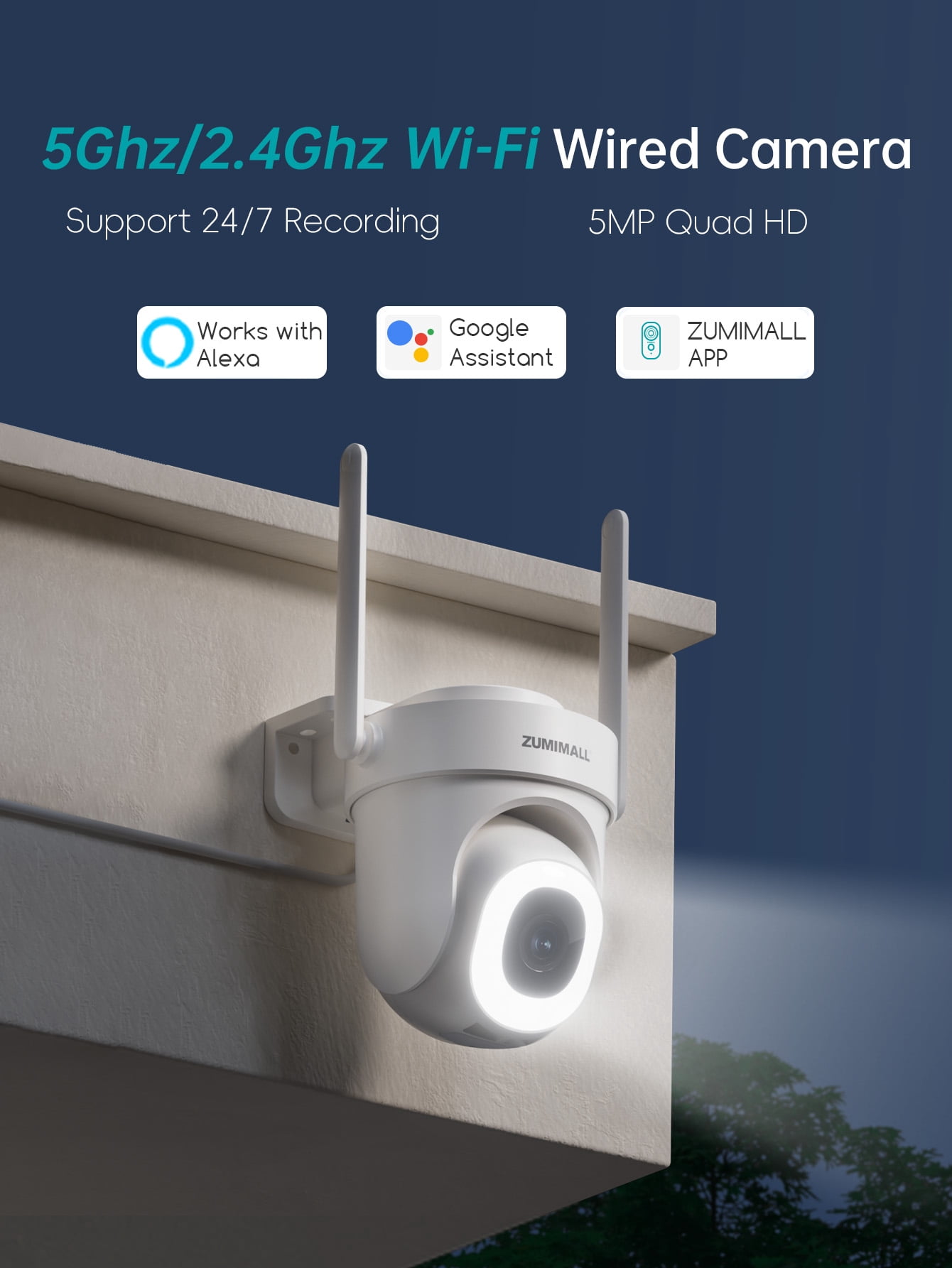 ZUMIMALL 5MP Wired PTZ Security Camera, 5GHz WiFi, Indoor Outdoor, 360° View, Wired Power