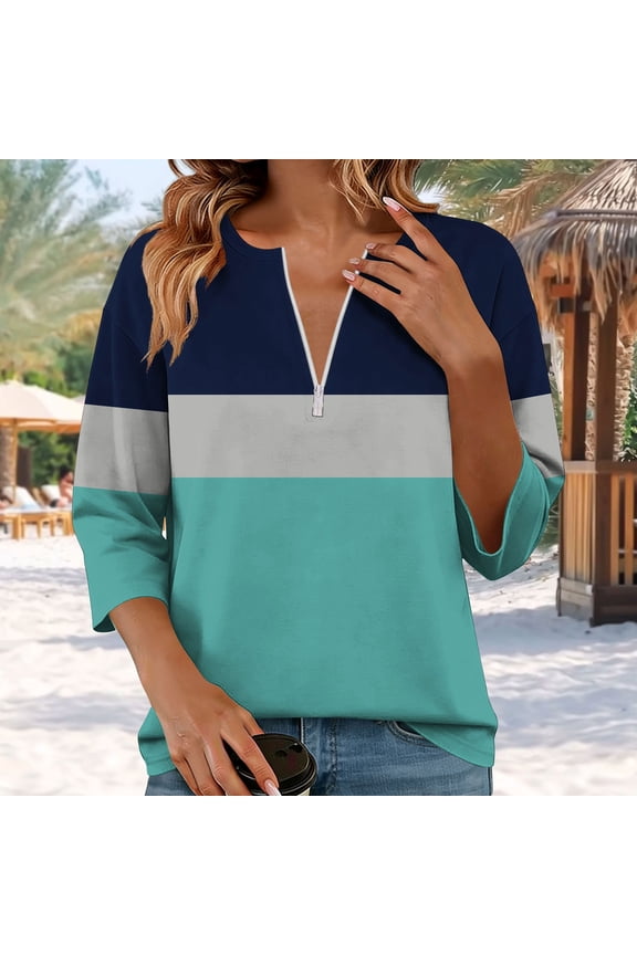 Summer Tops for Women 3/4 Sleeve Quarter Zip V-Neck Golf Shirts No Collar Color Blocked Spring Blouses 2026