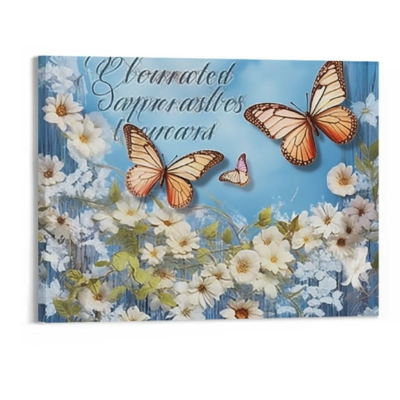 COMIO Blue Butterfly Floral Wall Art Flower Butterfly Pictures Wall Decor Country Memorial Gifts Canvas Prints Framed Artwork Paintings Home Decorations For Bathroom Bedroom Living Room - 20x16 Inch