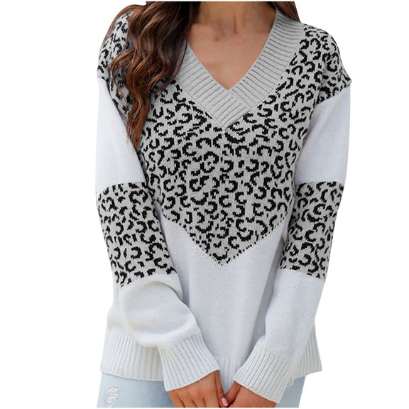 JINMGG V Neck Sweaters for Women Fall Winter Clearance,Women's Fashion Winter Color Color Contrast Long Sleeve Pullover V-Neck Long Sleeve Sweater Tops