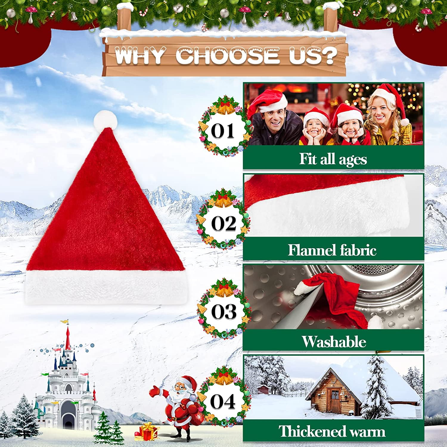 6 Pack Adult Unisex Plush Santa Hats - Classic Cuffed Red & White Design, Soft Comfortable Xmas Hats for Christmas, New Year Festive Celebrations