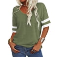 thumbnail image 3 of Stripe Sleeved Women Summer Casual V-neck T-shirt Loose Simple Tops, 3 of 5