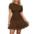 thumbnail image 2 of Dolkfu Mini Dresses for Women Dressy Casual Short Sleeve Cowl Neck Brown A-Line Dresses Solid Modern Slim Minimalist Garments Coffee,L, 2 of 4