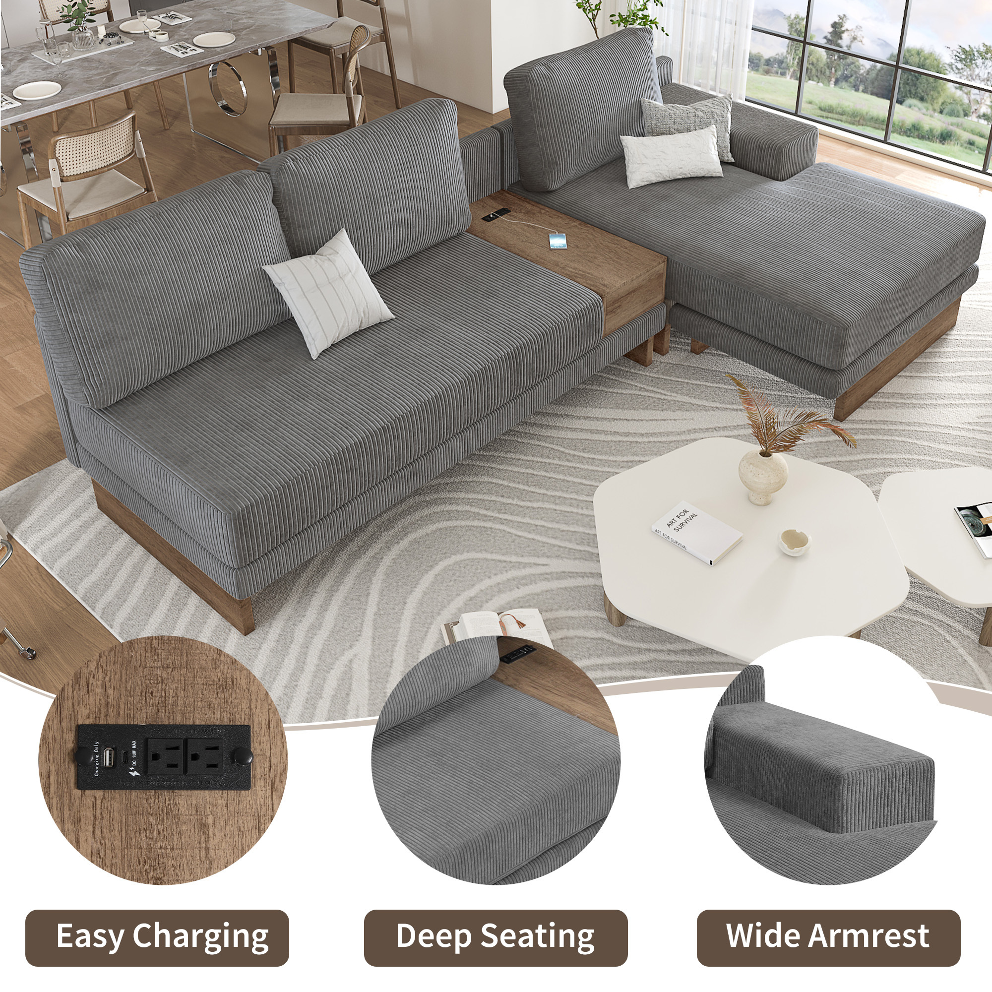 EUROCO 114" L-shaped Sectional Sofa Couch, Corduroy Sofa with 2 USB Ports, 2 Power Sockets, a Storage Drawer and a Reversible Chaise Lounge, Grey
