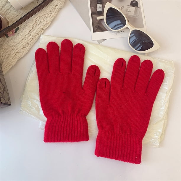 Guantes de punto de invierno para mujer, bonitos guantes de lana cálidos de color caramelo con agujeros para estudiantes, de color sólido, para otoño e invierno