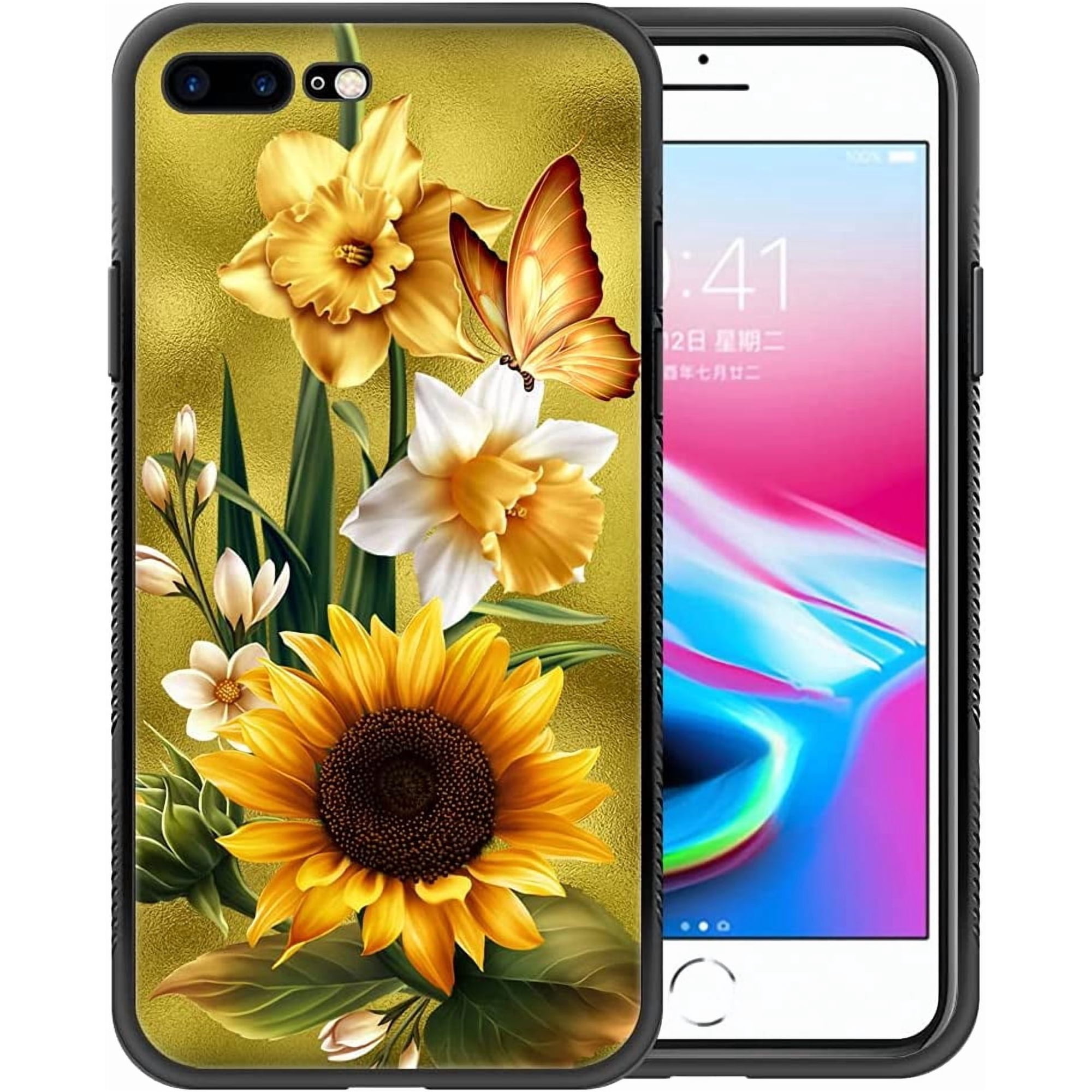 Compatible with iPhone 8 Plus Case,Pattern Design Hard PC Back Cover Non-Slip Soft TPU Protective Case for iPhone 8 Plus for Women 5.5inch-A4-Butterfly Golden Sunflowers