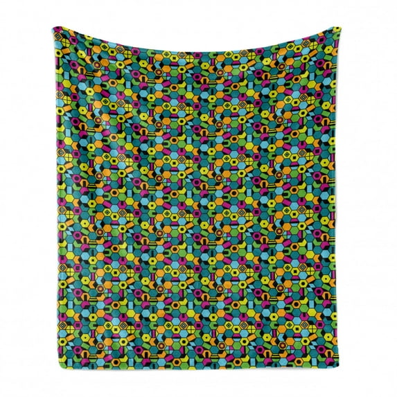 Colorful Soft Flannel Fleece Blanket, Hexagonal Mosaic with Vibrant Colored Geometrical Shapes Hipster Fun Teen Pattern, Cozy Plush for Indoor and Outdoor Use, 50" x 70", Multicolor, by Ambesonne