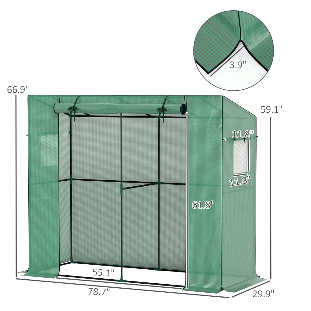 Lean-to-Wall Mini Greenhouse Green UV-Resistant PE Cover, Roll-Up Door & Mesh Windows, Pent Roof Anti-Rain Accumulation, Stable with Guy Ropes & Ground Stakes