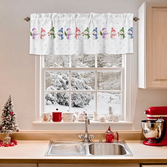 Kitchen Valances for Window, Winter Snowmen Snowflake Seamless Light Filtering Rod Pocket Valance Curtain, Christmas Tree Xmas Theme Short Curtains Window Topper for Bedroom 42x12in