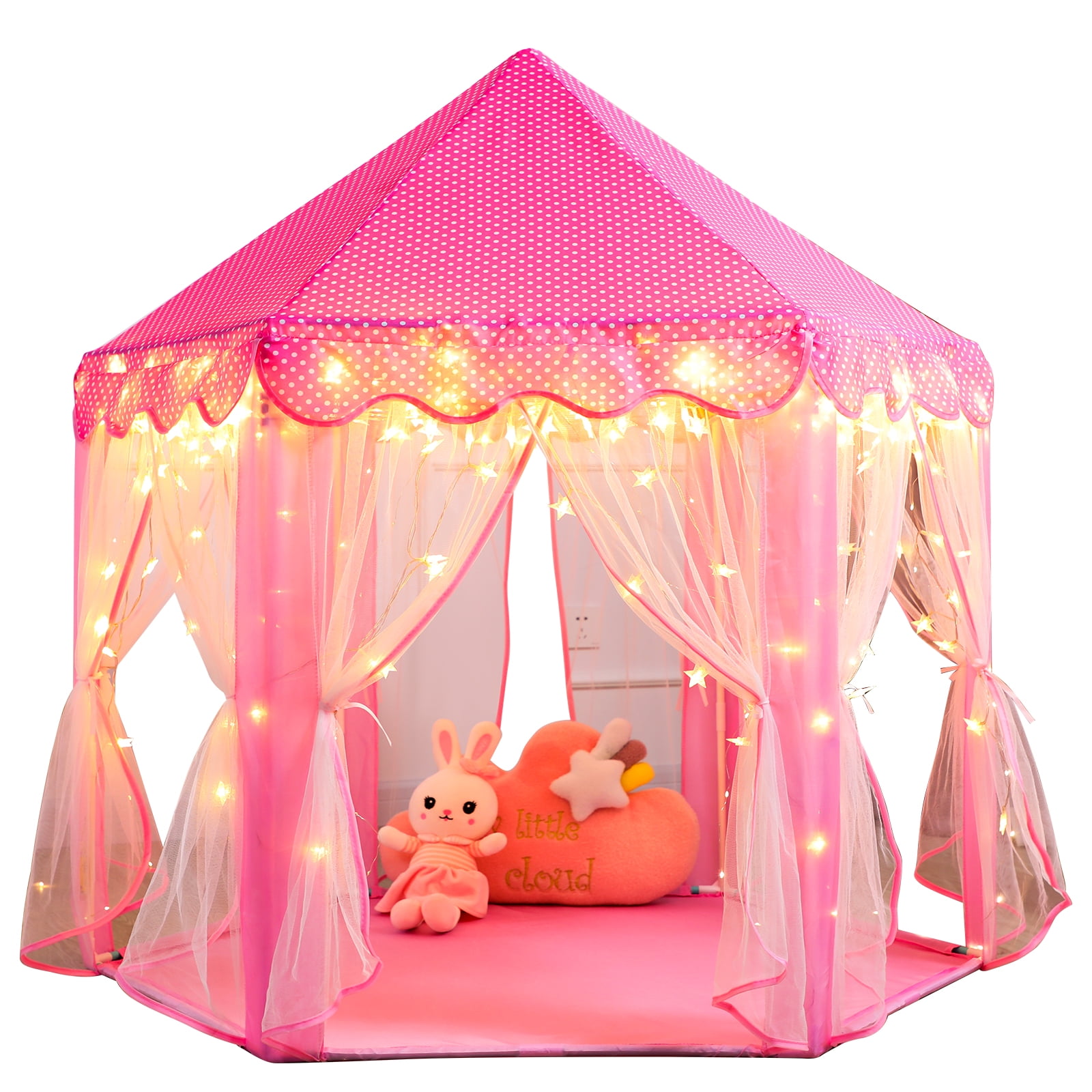 Wilwolfer Princess Castle Kids Indoor Play Tent, Pink Hexagon Fabric Playhouse with Star Lights, Large with Carrying Bag