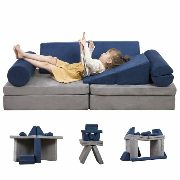 LOAOL Creative Kids Couch, 10PCS Toddler Play Couch, Sponge Fold Out