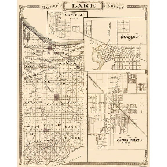 Historic County Map - Lake County Indiana - Andreas 1876 - 23 x 28.94 - Vintage Wall Art