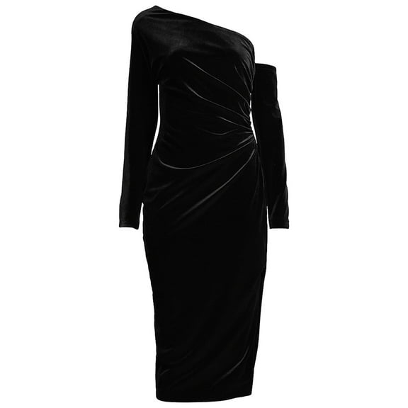 DONNA KARAN NEW YORK Womens Velvet One Shoulder Party Cocktail Dress, Black, 4