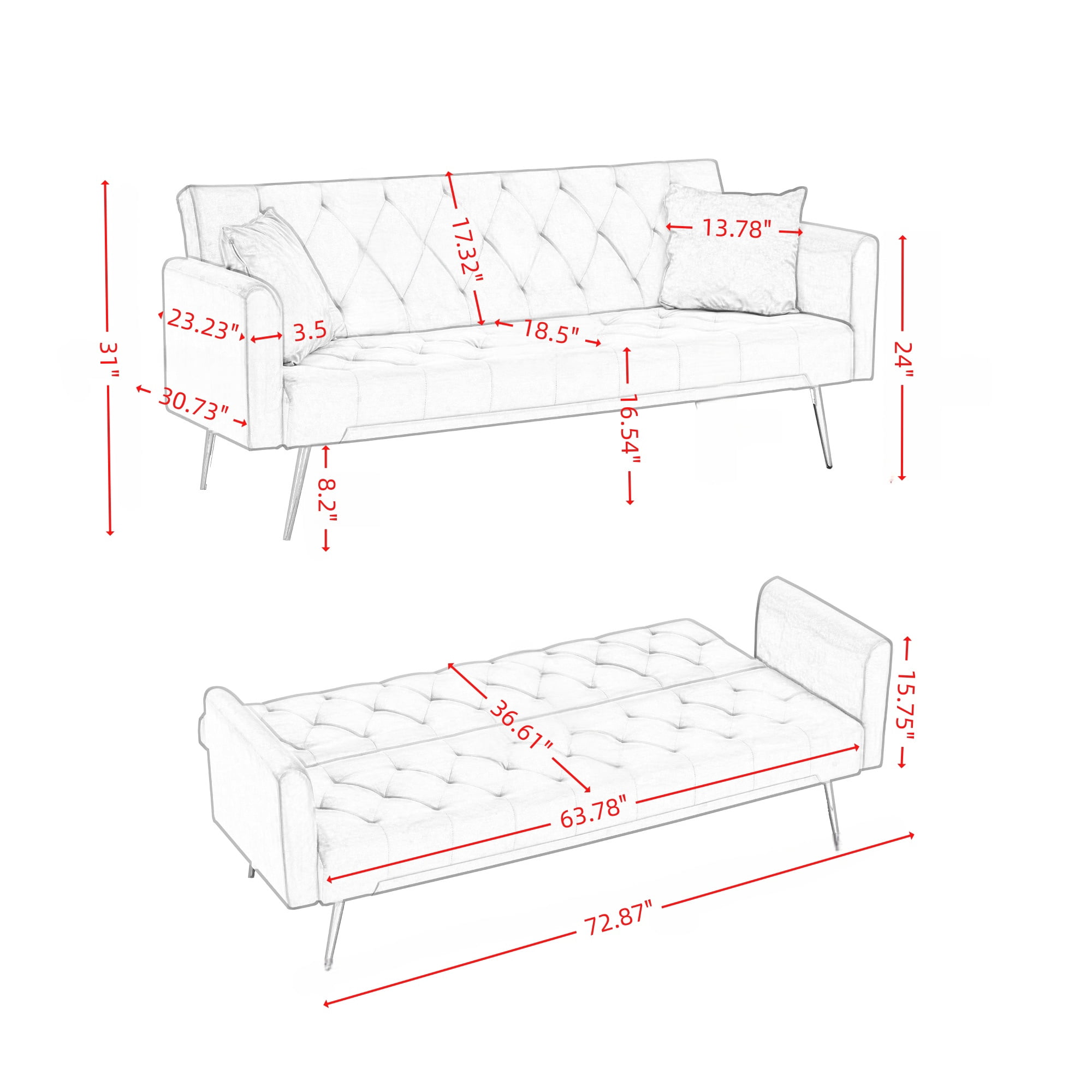 Modern 72" Foldable Sleeper Sofa Bed, 3-in-1 Adjustable Loveseat with Tufted American Retro Style, Pink Velvet Upholstery, Space-Saving for Small Living Rooms, Bedrooms, Apartments, Home Office