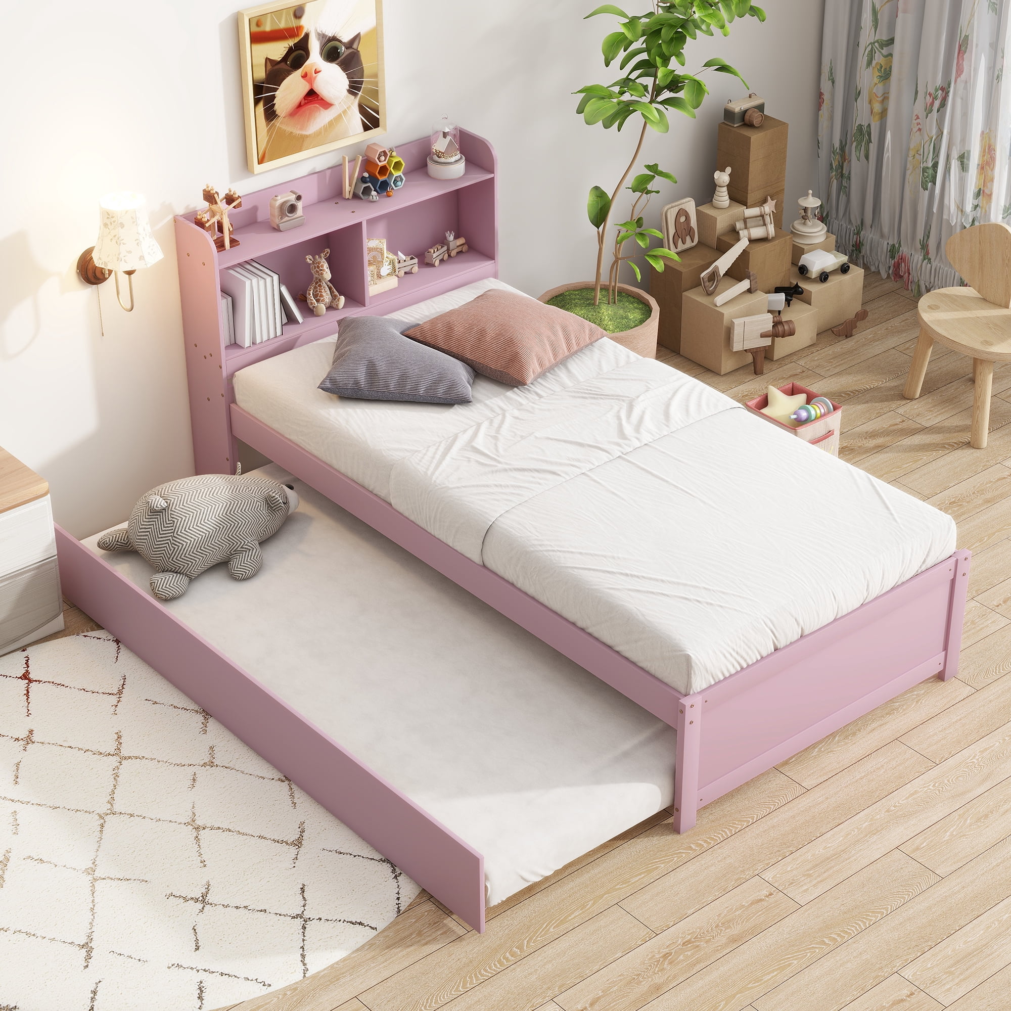Sailvan Twin Bed with Trundle,Bookcase