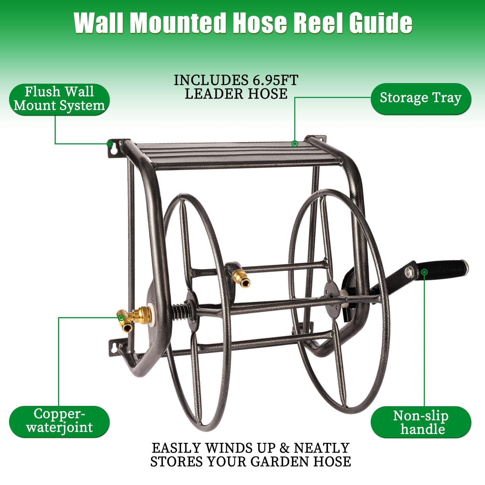 Metal Wall Mounted Hose Reel - Hammertone Grey, 200ft Capacity