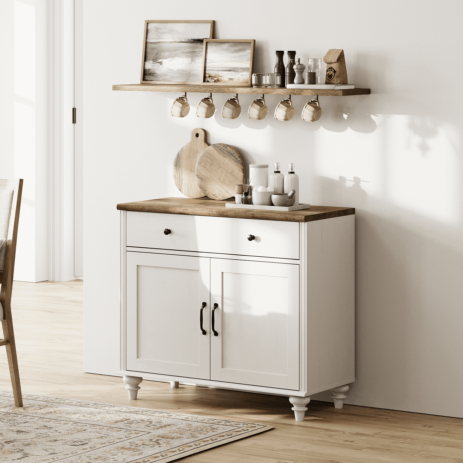 WAMPAT Farmhouse White TV Stand for 43 inch TV with 2 Doors and Wooden Drawer, Wood Universal TV Stands with Storage Cabinets, Entertainment Center TV Console Table for Living Room, Bedroom