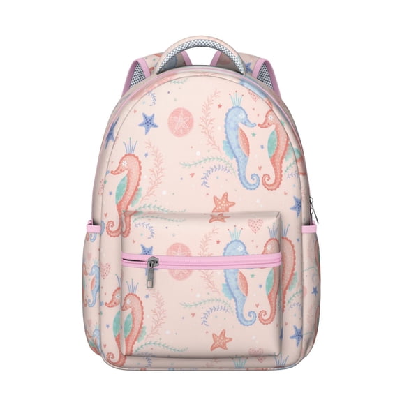 Nautical Marine Life Student Backpack Durable Waterproof School Bag with Seahorse, Starfish, and Seaweed Cartoon Print, Breathable Foam Padding, Adjustable Straps for Outdoor Activities