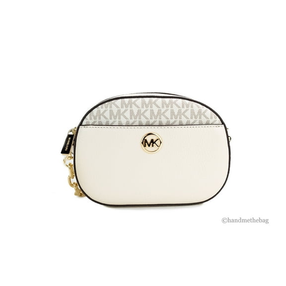 Michael Kors Jet Set Glam Light Cream Leather Oval Crossbody Bag Purse