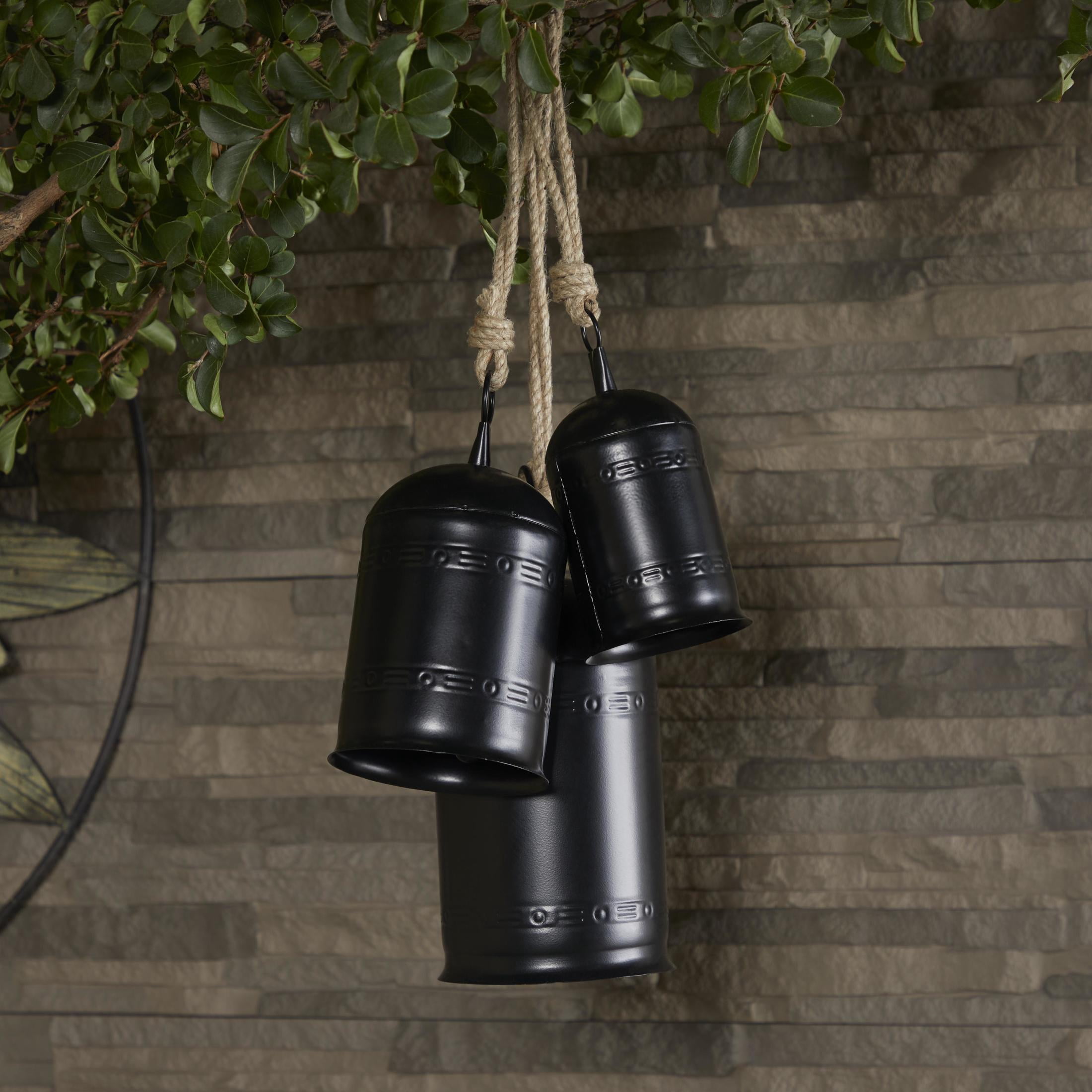 DecMode Tibetan Inspired Black Metal Cylindrical Decorative Cow Bells with Jute Hanging Rope, 3 Count
