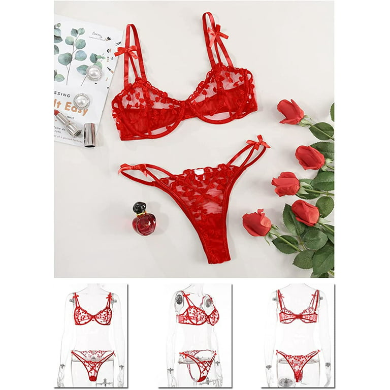 Sexy Bra and Panty Sets,Heart Embroidered Mesh Lace Lingerie for  Women,Underwire Sheer Lingerie Set Two Piece Boudoir 