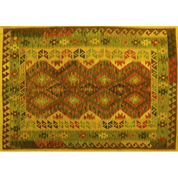 Ahgly Company Machine Washable Indoor Rectangle Oriental Yellow Traditional Area Rugs, 7' x 9'