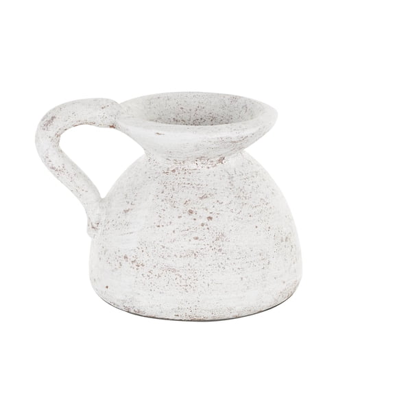 DecMode 9" Antique Style Textured Pot White Ceramic Vase with Handle