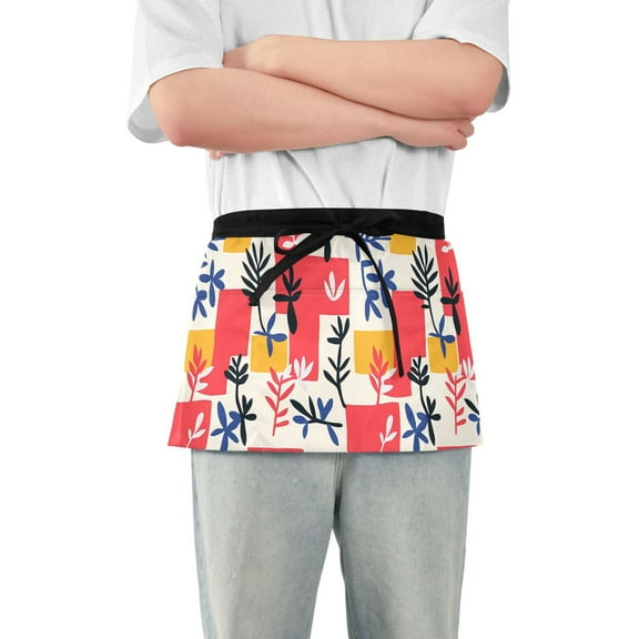 Server Apron with 3 Pockets Waterproof Waitress Waist Short Apron for Man Woman Colorful Plants and Squares 12 Inches
