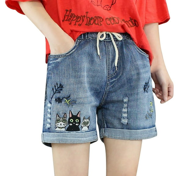 Women's High Waisted Stretchy Denim Bermuda Ripped Jeans Shorts Summer National Wind Embroidery Sloping Thin Loose Old Waist Denim Trendy Casual Shorts M-XL
