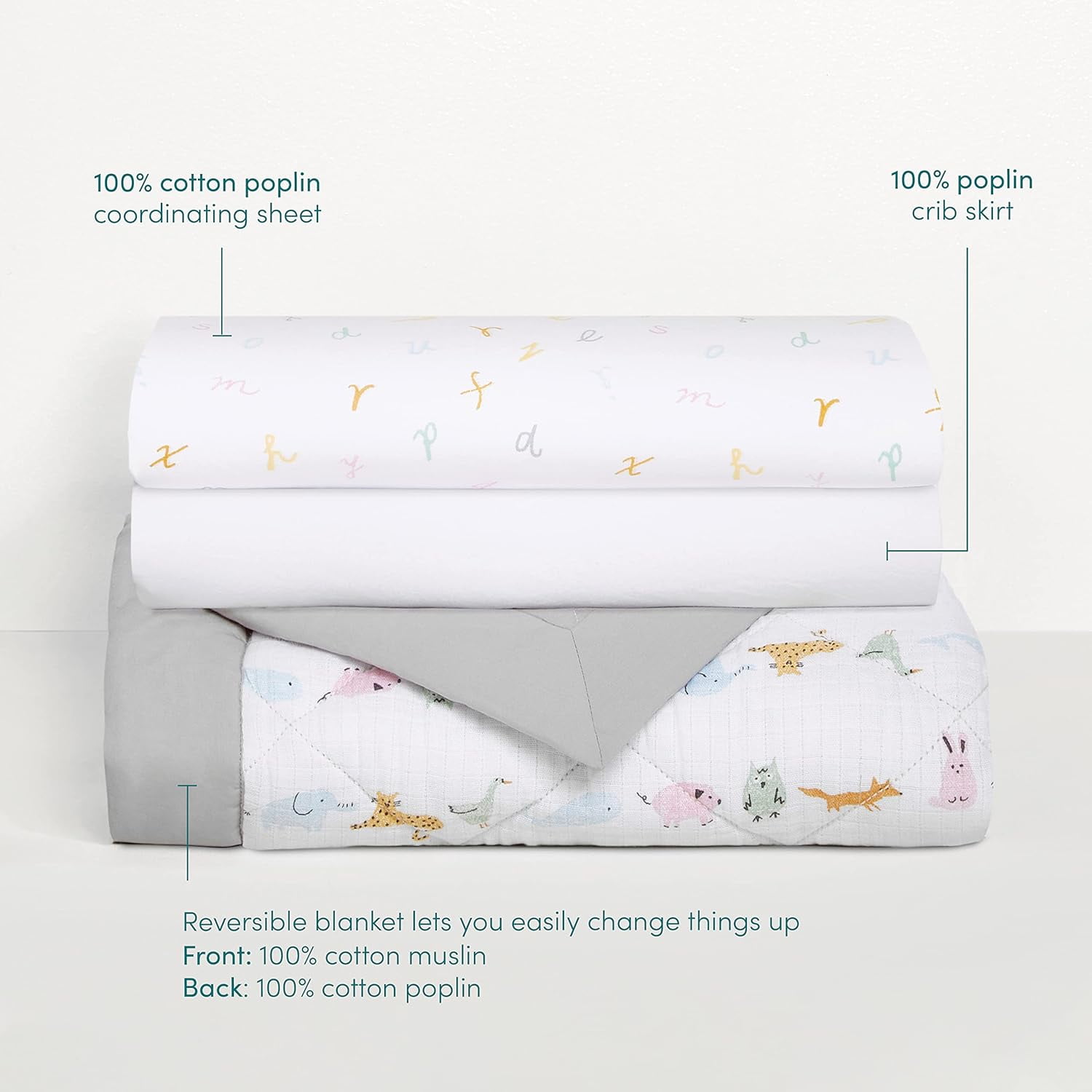 aden + anais Essentials, Cotton Crib Bedding Set , Alphabet Animals, Unisex, Infants, 3-piece set