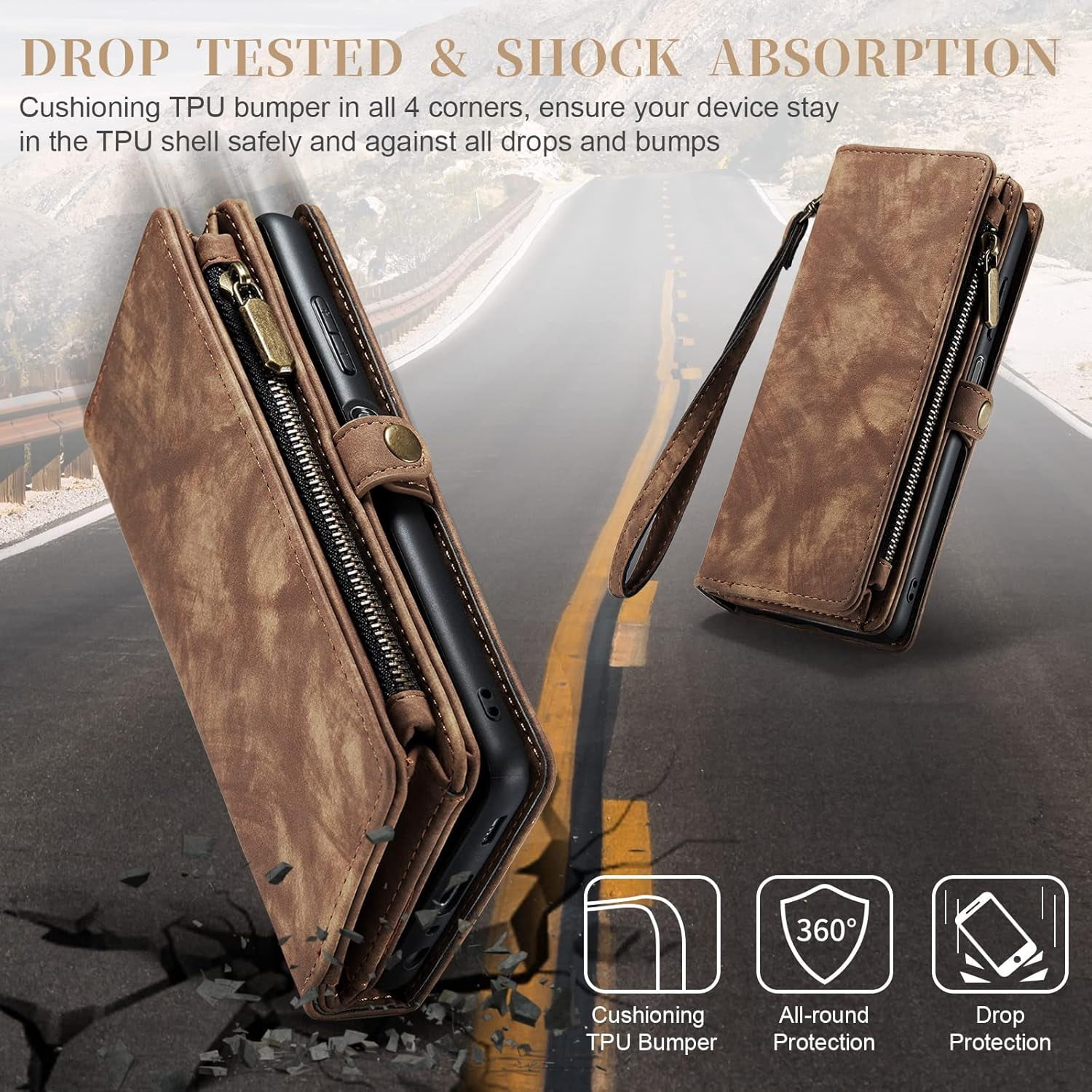 Phone Case for Samsung Galaxy A13 5G Zipper Wallet Detachable Cover with Tempered Glass Screen Protector and Flip Card Holder Cell Accessories Gaxaly A 13 G5 2022 13A A135G SM A136U Men Brown