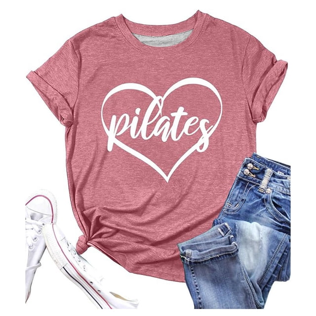 Pilates T-Shirt Cœur Femme Décontracté Impression Lettre d'Amour Col Rond Manches Courtes T-Shirt Haut