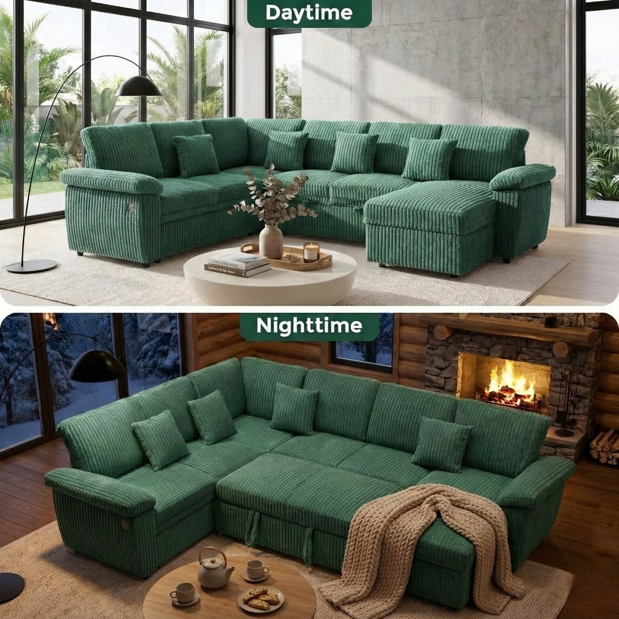 Howcool U-Shaped Sectional Sleeper Sofa with Pull-Out Bed, 7-Seat Convertible Couch, Modular Sofa with Storage Chaise and USB Ports, Plush Corduroy Living Room Furniture,Green(Thick Sponge)